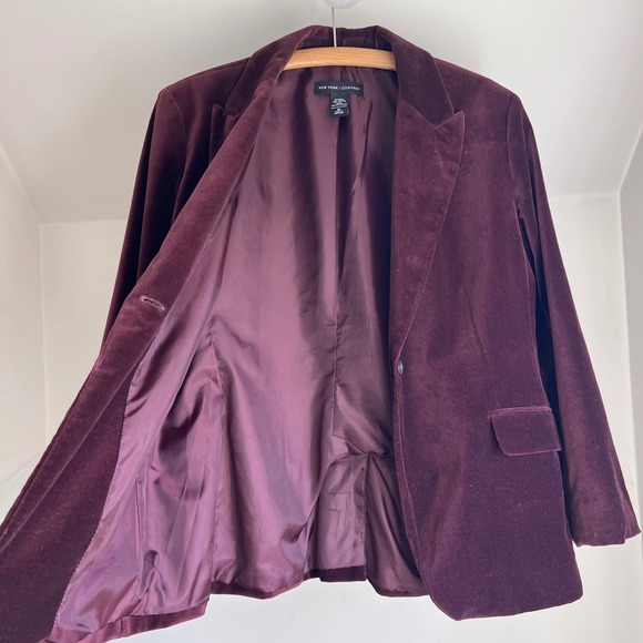 New York & Company Velvet Blazer 16 Burgundy Red Wine Button Front Cotton Jacket - Picture 3 of 8